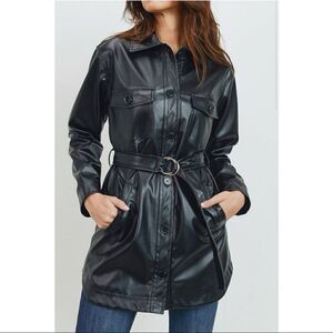 Faux Leather Belted Long Jacket